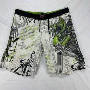MMA Elite Board Shorts Dragon Graphic White Black Green XL Drawstring‎